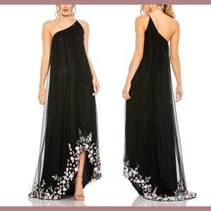 Mac Duggal Black One Shoulder Dress with Floral Accents